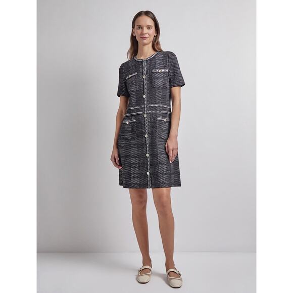 Misook Bold Plaid Tweed Knit Sheath Dress Modern Fit Black White Size Medium - Picture 1 of 10